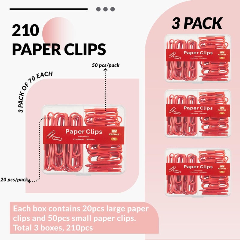 NEEWAY Colorful Paper Clips Assorted Sizes, Small and Large Paperclips, 210 Count, 3 Pack of 70 (Red) - Image 3